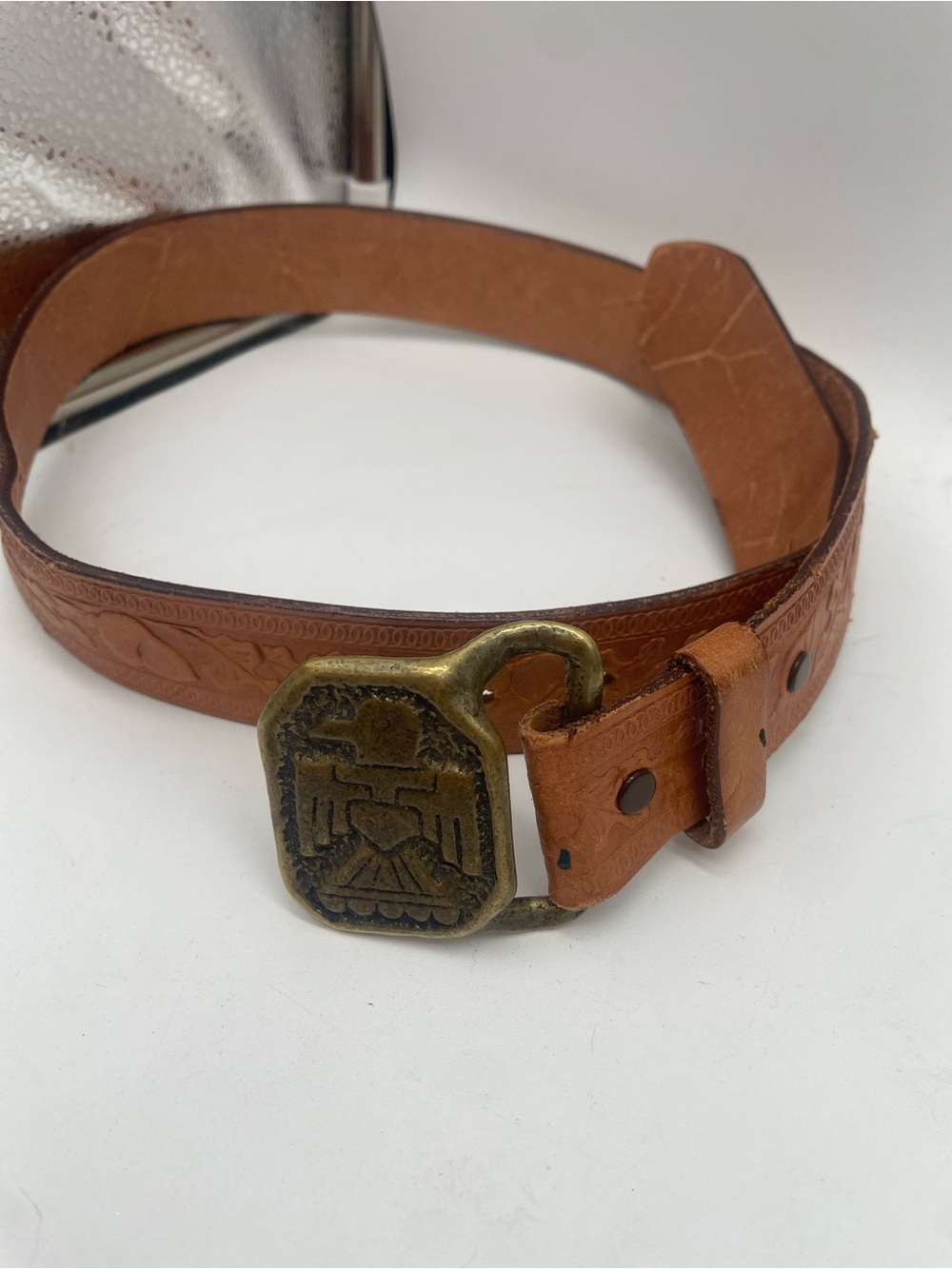 Tan Leather Belt with Bronze Eagle Buckle  Solid Brass 1970's Thunderbird